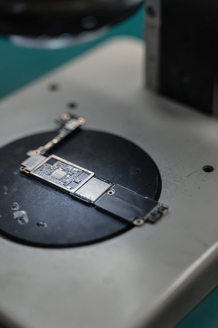 Inicio Detailed image of a smartphone motherboard being repaired on a workbench, showcasing electronic components.